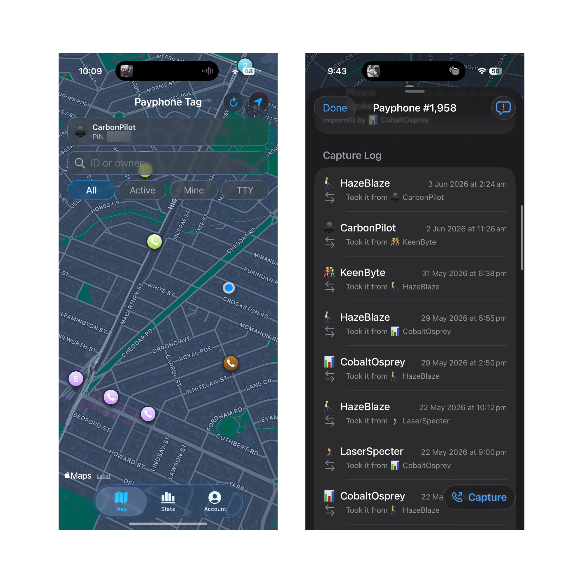 Two early Payphone Tag iOS screens showing the native map and capture history