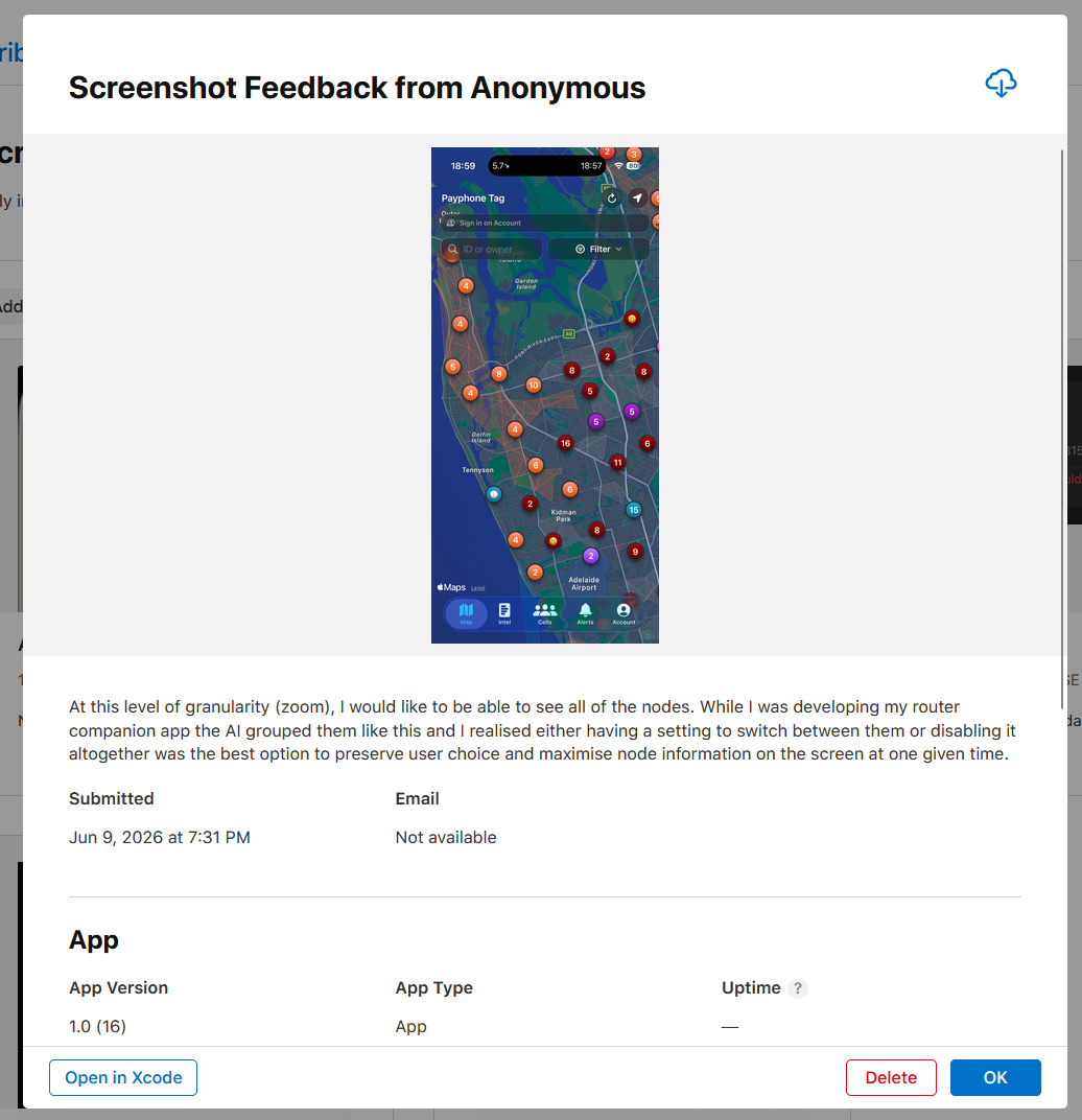 Anonymous TestFlight feedback requesting controls for the number of map markers displayed.