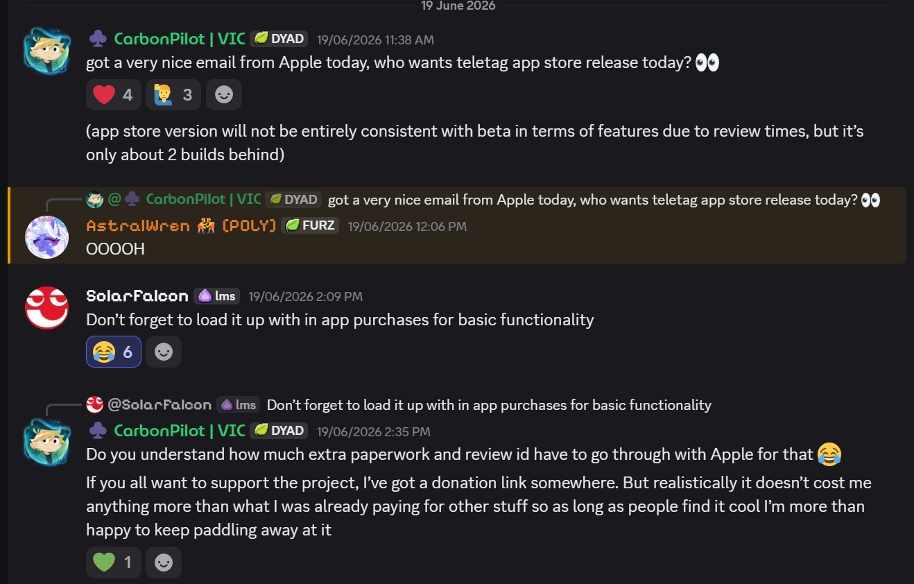 Discord players asking for Teletag’s App Store release and joking about in-app purchases.